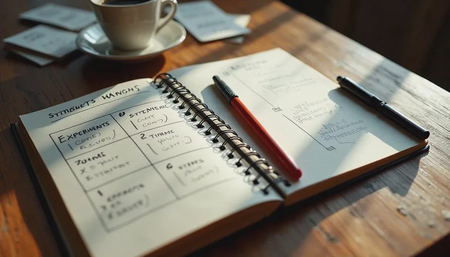 The paper log — every experiment gets a verdict Open test log notebook with a handwritten scoreboard of AI experiments, verdict labels, and time saved notes for real-world AI use cases.