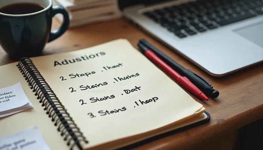 Five steps, written by hand — the workflow I use before opening any tool Open notebook beside a laptop showing a five-step AI workflow for non-programmers, with handwritten notes and a pen on a wooden desk.