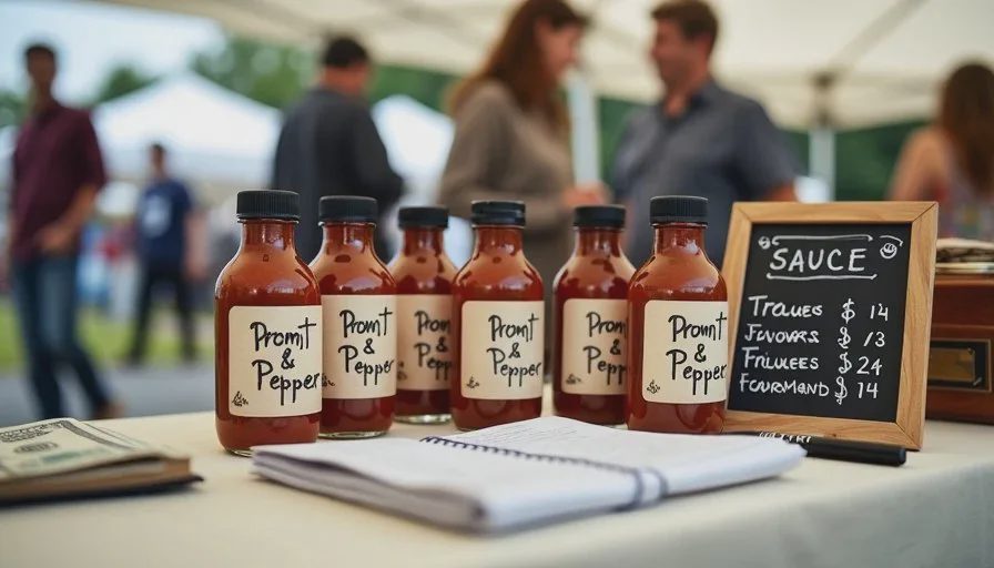 Prompt & Pepper market booth — where AI meets real customers Prompt & Pepper farmers market booth with handwritten price signs, sauce bottles, and a notebook showing AI-assisted inventory tracking for small business owners.
