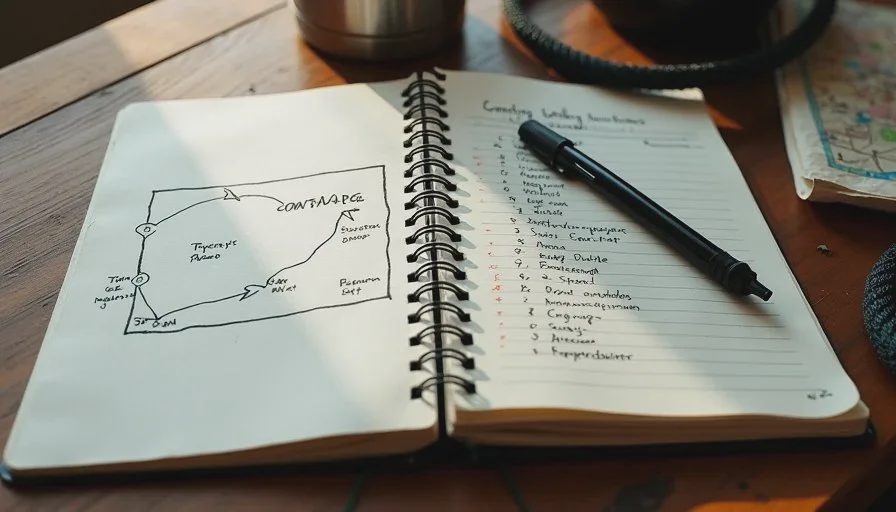 The AI trip plan, edited by hand — route notes and drive times Open travel notebook on a kitchen table with a handwritten Colorado camping route, drive times, and AI planning notes for practical AI tools for everyday tasks.