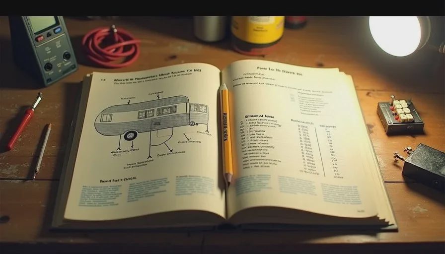 The manual, the notes, and the circuit that started the test Open 1974 Shasta trailer manual pages on a garage workbench with handwritten AI notes, a multimeter, and a pencil marking the 12-volt lighting circuit.