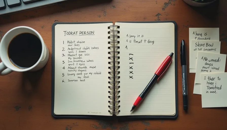 The five habits, written by hand — no jargon required Close view of a notebook with five plain-English AI question habits written by hand, beside a pen and index cards on a wooden desk.