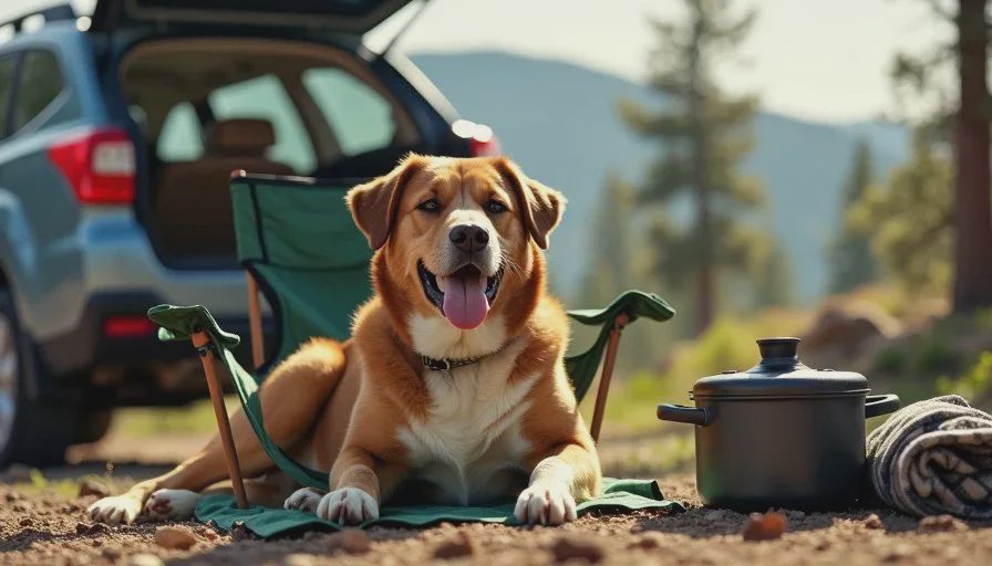 Biscuit at camp — the part of the trip no AI could plan A rescue dog resting in the shade of a Colorado campsite beside a camp chair and a cast-iron skillet, showing real-world AI use cases for dog-friendly camping.