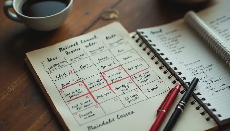 Hand-drawn 30-day AI learning plan on paper with weekly goals, check marks, and a notebook listing practical AI tools for everyday tasks.