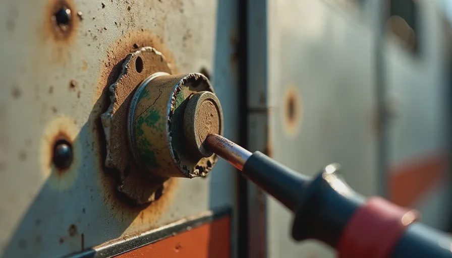The corroded ground — the fault the AI ranked second Close view of a corroded ground wire and ring terminal on a 1974 Shasta trailer frame beside a new fuse block, showing real-world AI use cases for repair work.