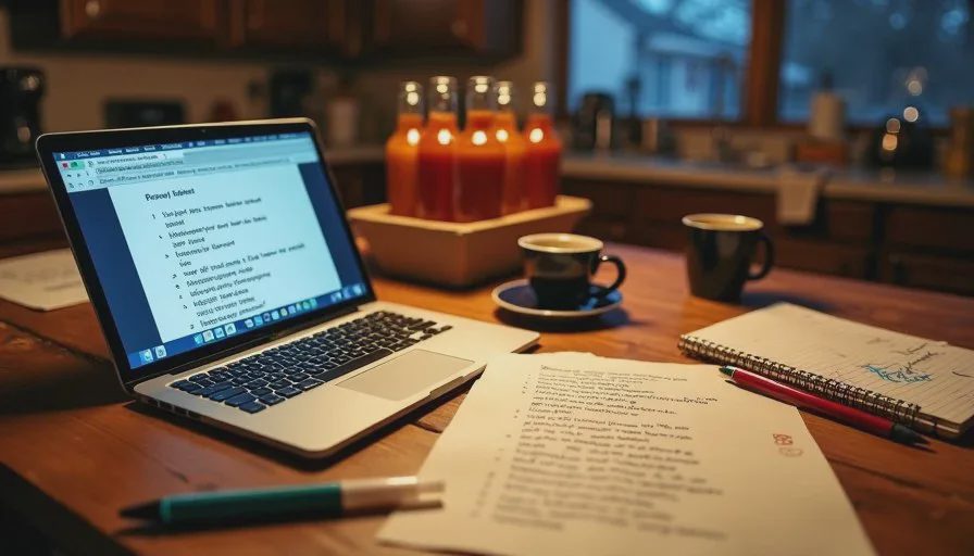 Friday night label prep — first drafts, then my own rewrites Home kitchen table with printed barbecue sauce labels, a laptop showing label drafts, and handwritten notes for AI for product descriptions.