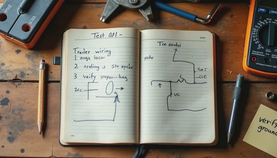 Marisol's AI test log — experiment notes from the workbench Open test log notebook on a wooden workbench with handwritten AI experiment notes, a multimeter, and trailer wiring notes for real-world AI use cases.
