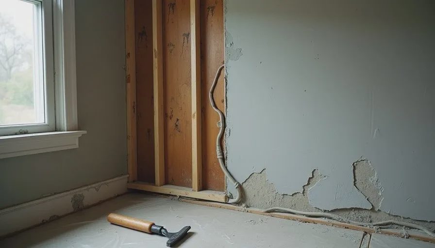 The open wall — old wiring, a previous patch, and one old stain Open wall in a 1920s bungalow showing wood lath, plaster edges, and old wiring, the inspection step in a real AI for home improvement test.