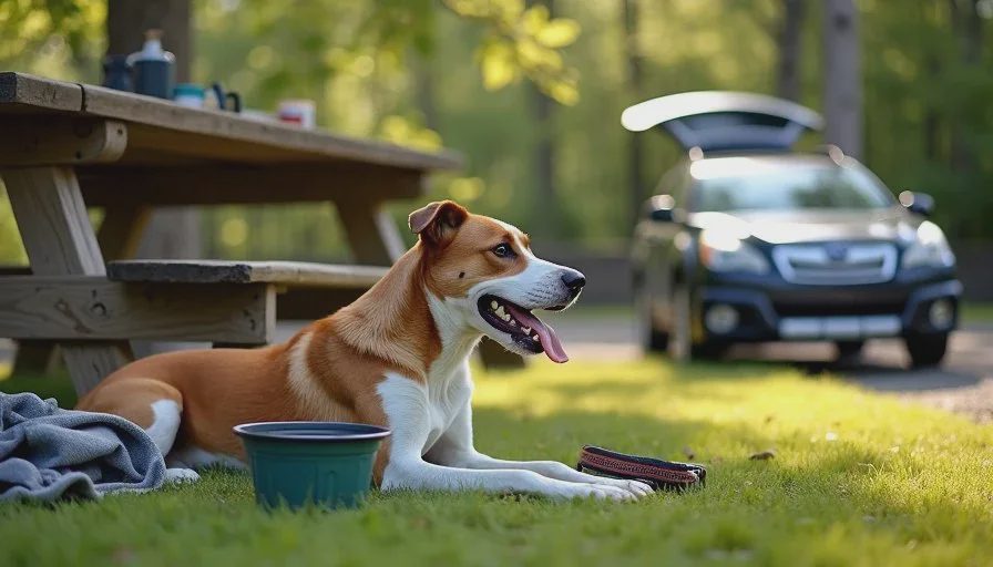 Two-hour legs — Biscuit at a real shaded stop A rescue dog rests in the shade of a picnic table at a roadside rest stop with a water bowl, showing a dog-friendly road trip planned with practical AI tools for everyday tasks.