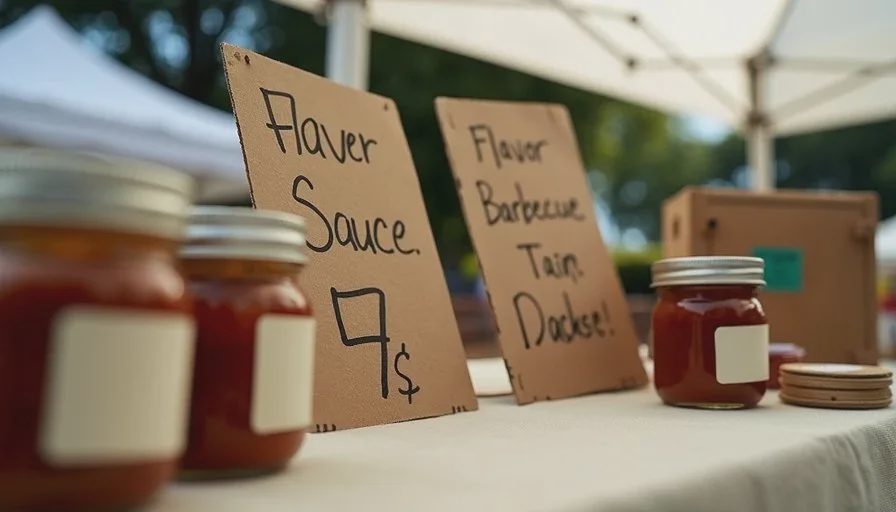 The sign I wrote by hand after two AI layouts failed Handwritten farmers market price sign taped to a booth table with sauce bottles in front, showing AI for farmers market businesses tested in real light.