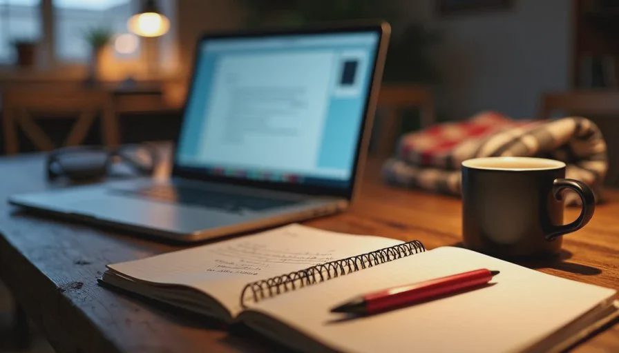 Quiet after-work study scene with a laptop, handwritten notes, and a paper log, showing how to use AI as a beginner for career change.