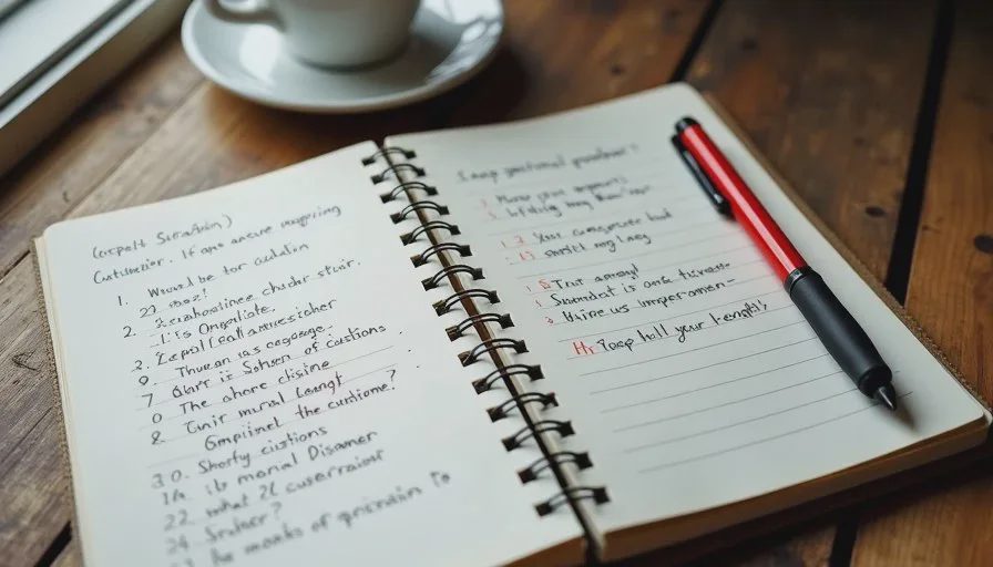 Ten questions, ten short answers, all rewritten by hand Handwritten customer question prep sheet with ten market questions and short answers, showing a practical AI for small business customer service workflow.