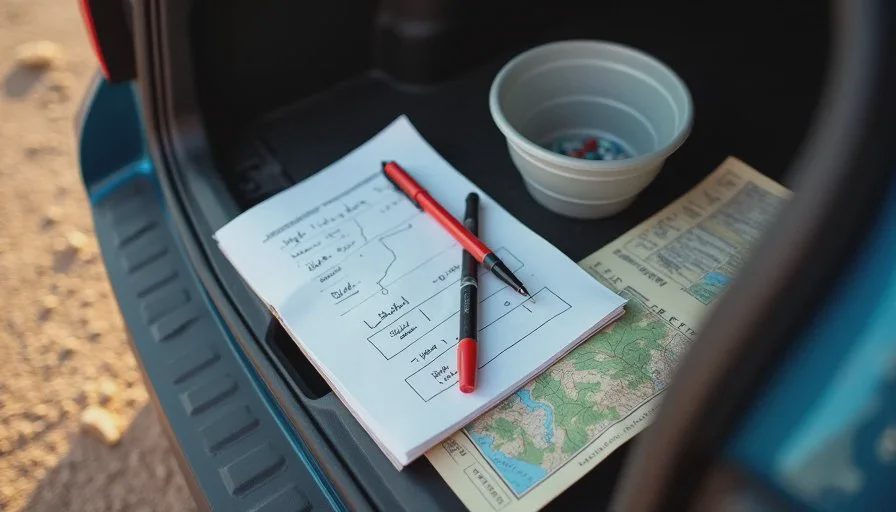 Two-hour legs, real stops, and the dog rules — the whole plan on one page Handwritten road trip route on a single sheet of paper with two-hour drive legs and dog rules notes, showing real-world AI use cases for travel planning.