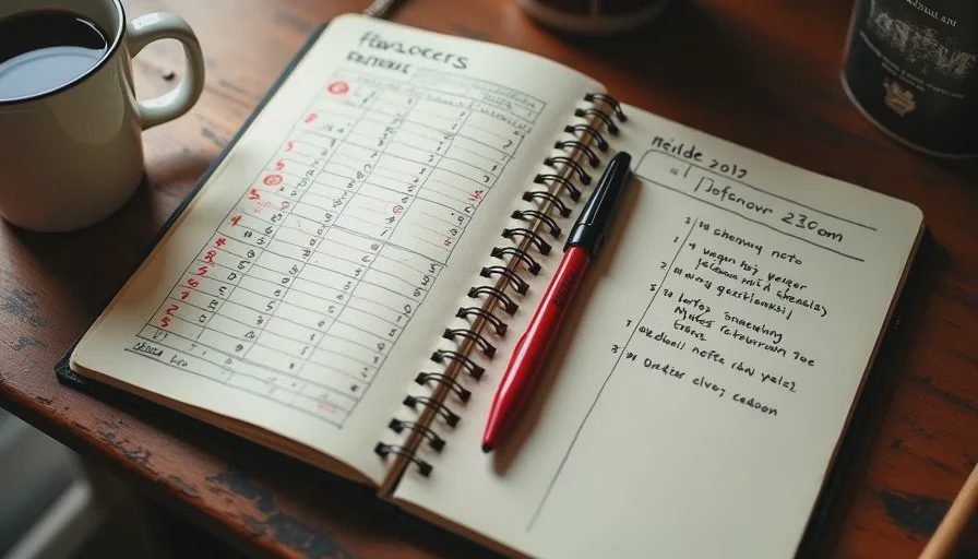 The Sunday review — four weeks of numbers on one page Open notebook showing a handwritten inventory tally grid with flavor names, bottles brought, sold, and remaining, used for AI for inventory management.
