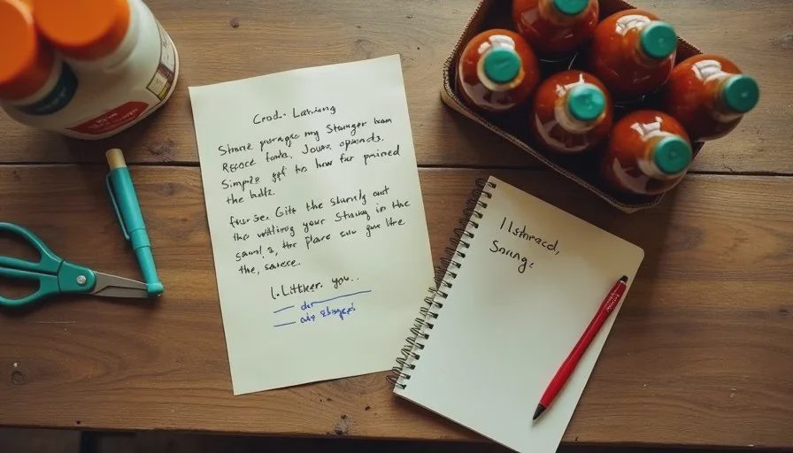 Three facts on paper, three drafts on the screen, one label on the bottle Printed sauce label drafts beside handwritten notes and three facts on paper, showing a practical AI for product descriptions workflow.