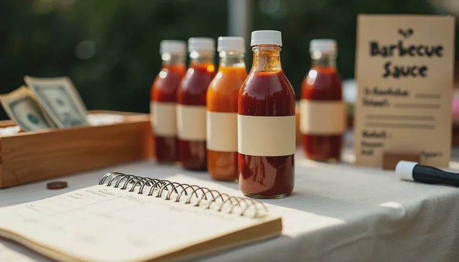 Farmers market booth table with sauce bottles, handwritten price sign, and a paper tally sheet, showing practical AI tools for everyday tasks in a tiny business.