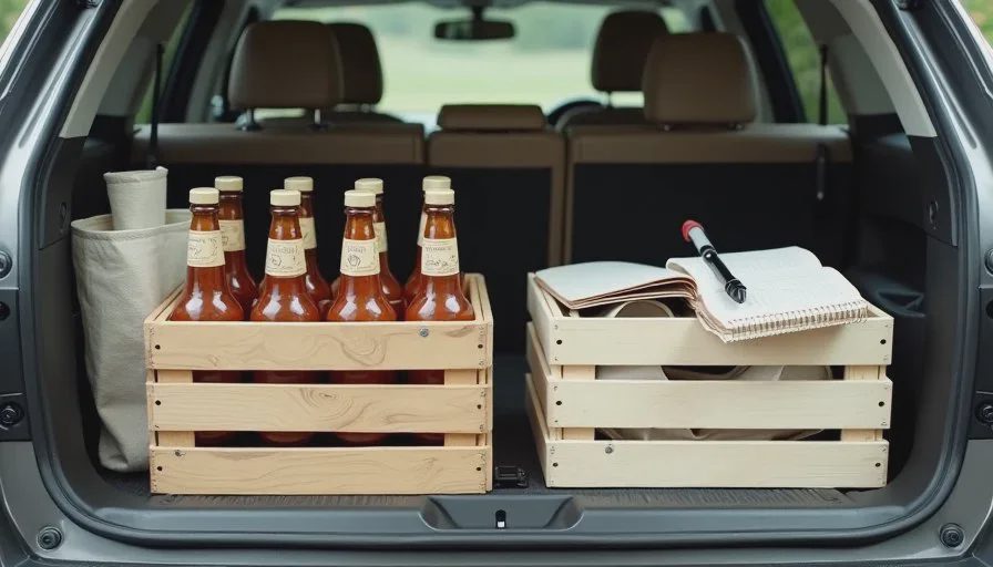 Brought, sold, remaining — the numbers that decide Wednesday's batch Crates of labeled sauce bottles stacked inside a Subaru cargo area beside a folded market table, showing AI for inventory management at small scale.