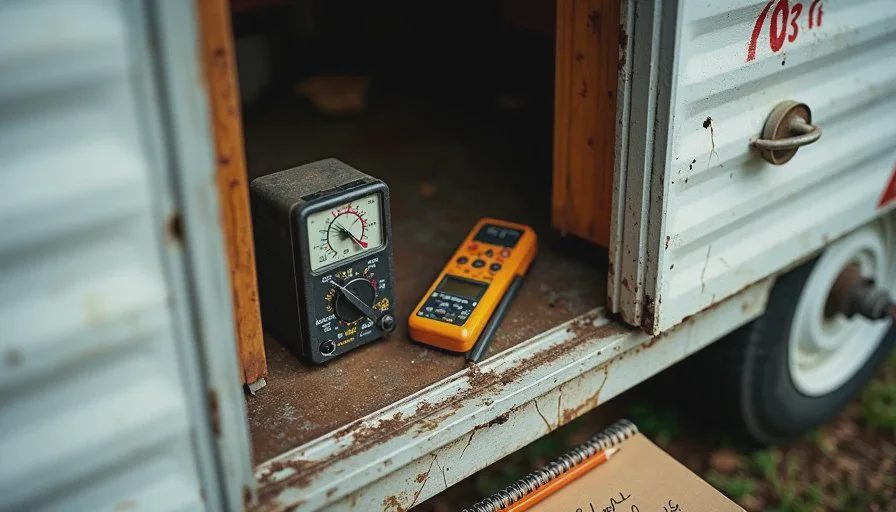 One circuit, two symptoms, and a week spent chasing the wrong cause Open panel on a 1974 Shasta trailer showing old wiring, a fuse block, and a handwritten repair log, the starting point for debugging AI workflow examples.