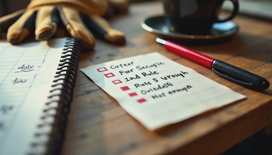 The guardrails card — five rules that travel with every tool Index card with a handwritten list of five AI guardrails resting on a workbench beside a pen and notebook, showing how to fix an AI workflow with rules.
