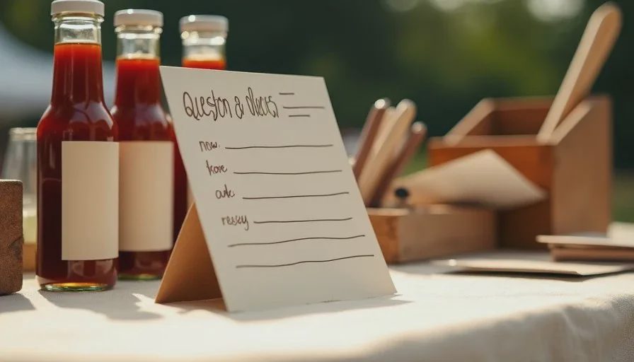 The printed question card — the workflow customers could read on their own Small printed question card on a farmers market booth table beside sauce bottles, showing AI for farmers market businesses tested with real customers.