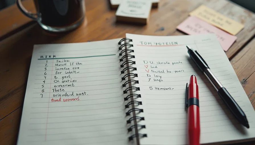Four tiers on paper — money, safety, live data, and precise numbers Handwritten verification checklist in a notebook listing four AI risk tiers, with a red pen and index cards on a wooden desk for practical AI tools for everyday tasks.