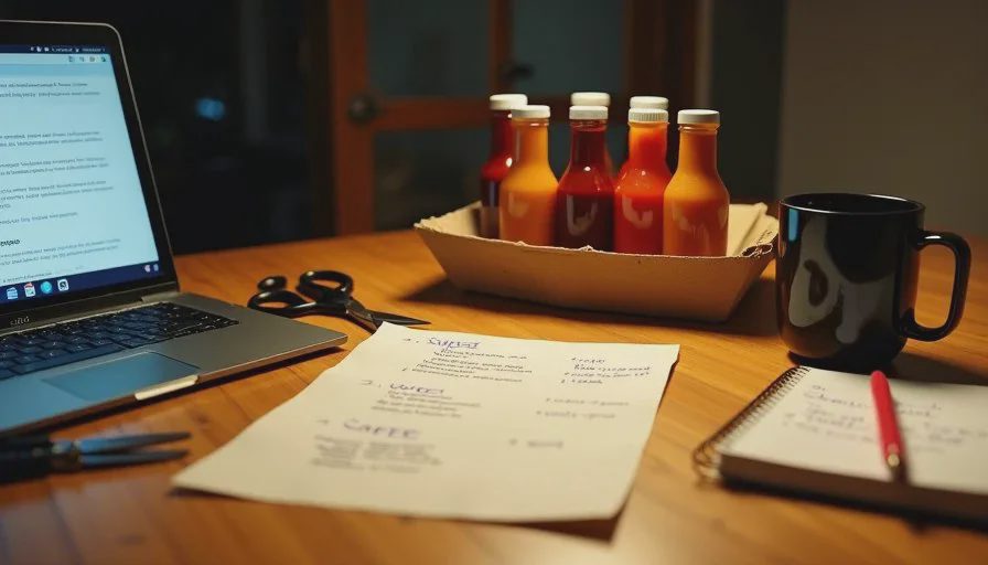 Late-night kitchen scene with printed sauce labels, handwritten notes, and a laptop, showing AI for product descriptions and side hustle work.
