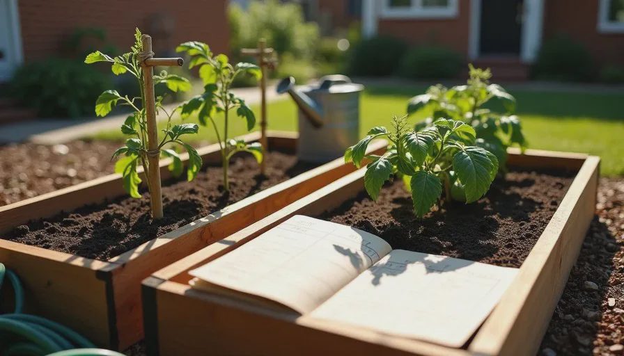 Spacing, stakes, and the calendar on the refrigerator Raised cedar garden beds with staked tomatoes, pepper plants, and a handwritten planting calendar, showing a real AI for gardening test in Denver.