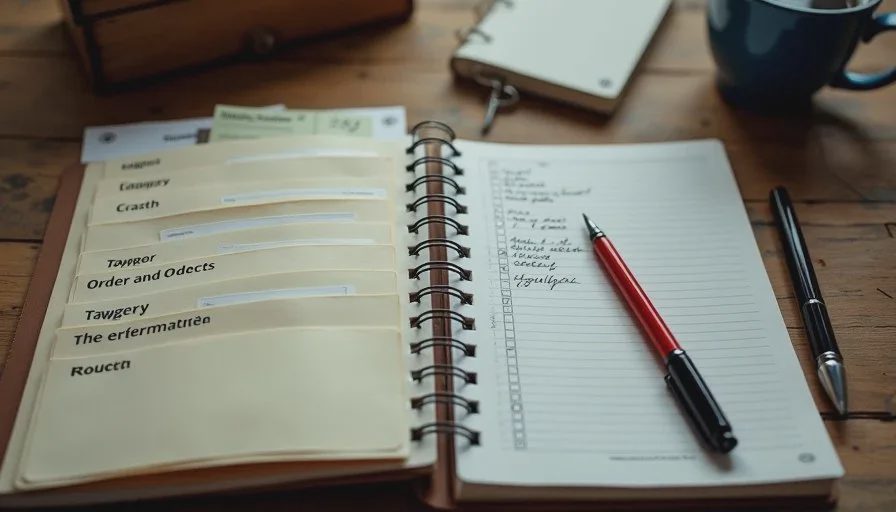 Open accordion folder with monthly receipt pockets beside a handwritten category list and pen on a kitchen table, showing a practical AI for small business owners workflow.