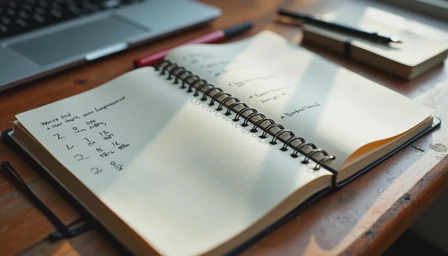 The spine — five sections chosen by hand before drafting Notebook page with a handwritten five-part outline and section notes, showing how to use AI as a beginner to structure a draft.