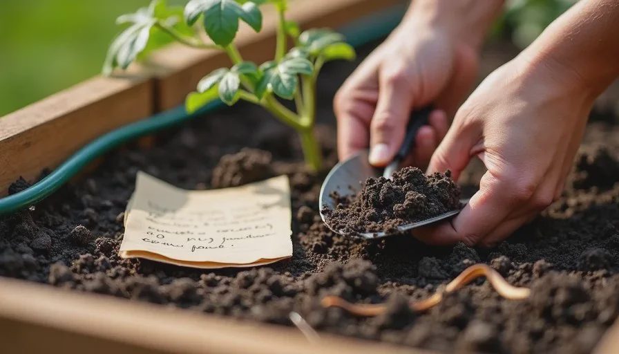 Two inches down — the check that replaced my watering schedule Close view of a hand checking soil moisture with a trowel in a raised garden bed, showing practical AI tools for everyday tasks in the garden.